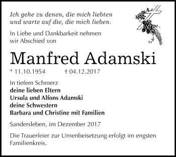 Traueranzeige von Manfred Adamski von Super Sonntag SGH Mansf. Land