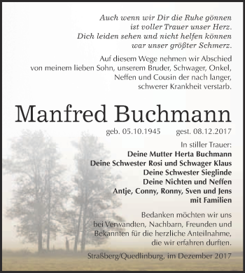 Traueranzeige von Manfred Buchmann von Super Sonntag Quedlinburg