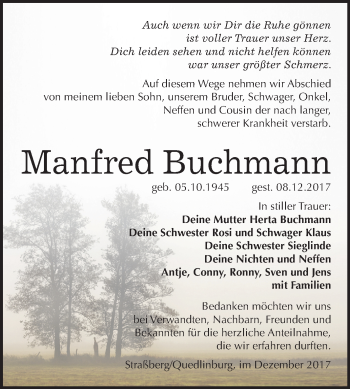 Traueranzeige von Manfred Buchmann von Mitteldeutsche Zeitung Quedlinburg