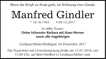 Traueranzeige von Manfred Gindler von Mitteldeutsche Zeitung Köthen