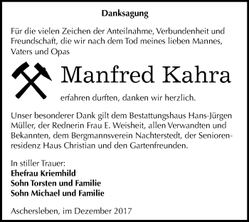 Traueranzeige von Manfred Kahra von Mitteldeutsche Zeitung Aschersleben
