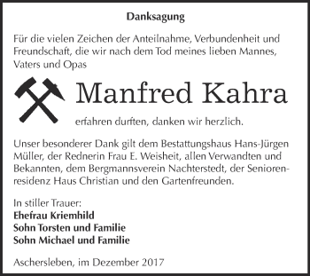 Traueranzeige von Manfred Kahra von Super Sonntag Aschersleben
