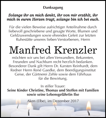 Traueranzeige von Manfred Krenzler von WVG - Wochenspiegel Dessau / Köthen