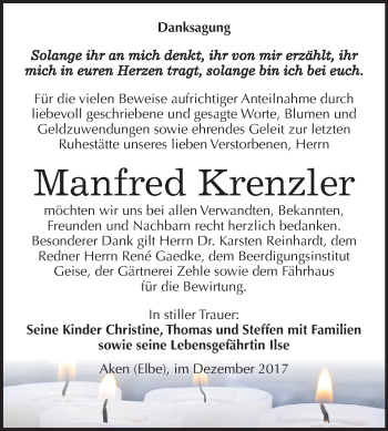 Traueranzeige von Manfred Krenzler von Mitteldeutsche Zeitung Köthen