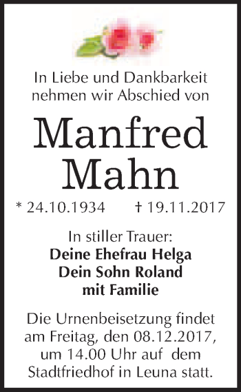 Traueranzeige von Manfred Mahn von WVG - Wochenspiegel Merseburg
