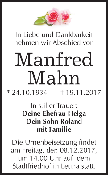 Traueranzeige von Manfred Mahn von Mitteldeutsche Zeitung