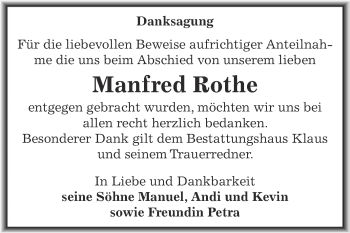 Traueranzeige von Manfred Rothe von WVG - Wochenspiegel NMB / WSF / ZTZ