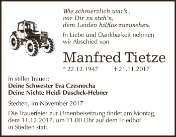 Traueranzeige von Manfred Tietze von Super Sonntag SGH Mansf. Land