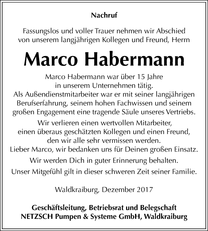  Traueranzeige für Marco Michael Habermann vom 13.12.2017 aus Mitteldeutsche Zeitung Halle/Saalkreis