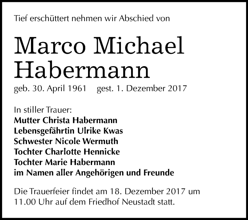  Traueranzeige für Marco Michael Habermann vom 13.12.2017 aus Mitteldeutsche Zeitung Halle/Saalkreis