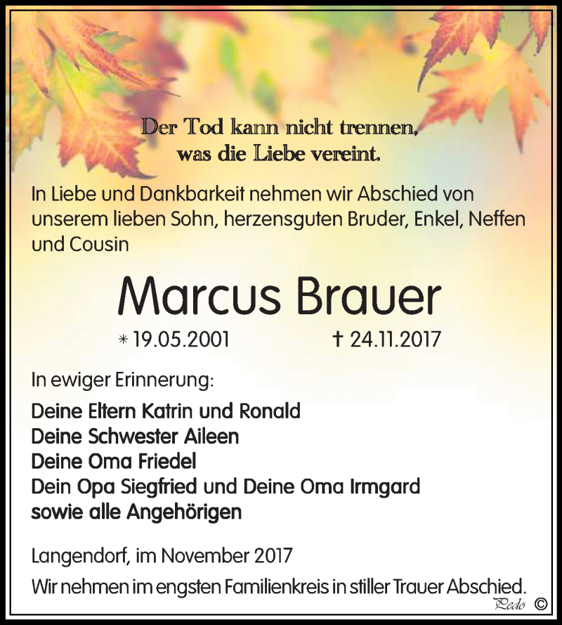  Traueranzeige für Marcus Brauer vom 02.12.2017 aus Mitteldeutsche Zeitung Weißenfels