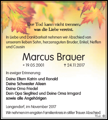 Traueranzeige von Marcus Brauer von WVG - Wochenspiegel NMB / WSF / ZTZ