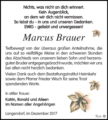 Traueranzeige von Marcus Brauer von Mitteldeutsche Zeitung Weißenfels