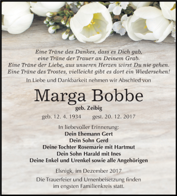 Traueranzeige von Marga Bobbe von Mitteldeutsche Zeitung Köthen