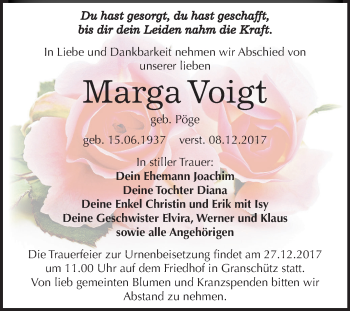 Traueranzeige von Marga Voigt von Mitteldeutsche Zeitung Weißenfels