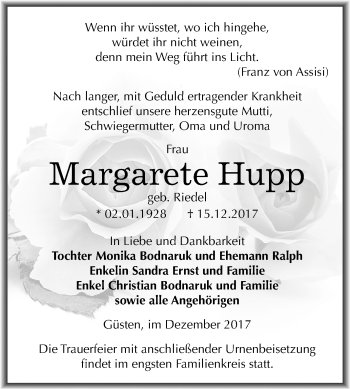 Traueranzeige von Margarete Hupp von Mitteldeutsche Zeitung Bernburg