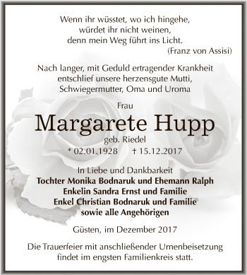 Traueranzeige von Margarete Hupp von Super Sonntag Bernburg