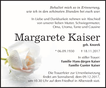 Traueranzeige von Margarete Kaiser von WVG - Wochenspiegel Merseburg