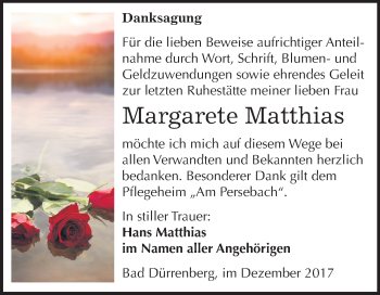 Traueranzeige von Margarete Matthias von Mitteldeutsche Zeitung Merseburg/Querfurt