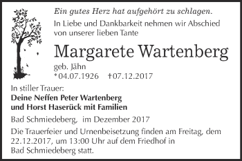 Traueranzeige von Margarete Wartenberg von WVG - Wochenspiegel Wittenberg