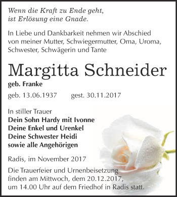 Traueranzeige von Margitta Schneider von WVG - Wochenspiegel Wittenberg