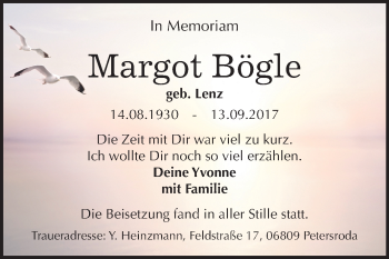Traueranzeige von Margot Bögle von Mitteldeutsche Zeitung Bitterfeld