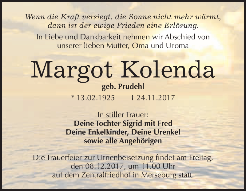  Traueranzeige für Margot Kolenda vom 06.12.2017 aus WVG - Wochenspiegel Merseburg