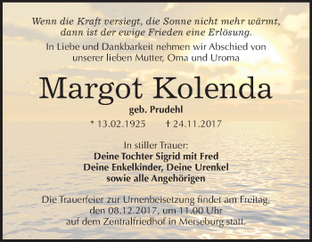 Traueranzeige von Margot Kolenda von Mitteldeutsche Zeitung Merseburg/Querfurt