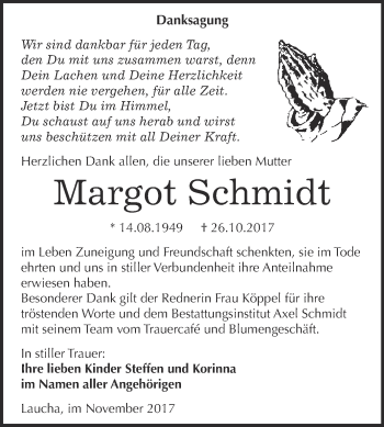 Traueranzeige von Margot Schmidt von WVG - Wochenspiegel NMB / WSF / ZTZ