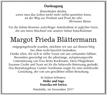 Traueranzeige von Margot Frieda Blättermann von WVG - Wochenspiegel Quedlinburg