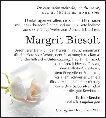 Traueranzeige von Margrit Biesolt von Mitteldeutsche Zeitung Köthen