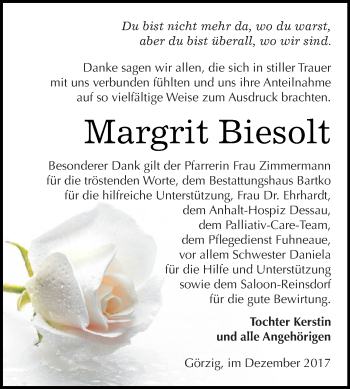 Traueranzeige von Margrit Biesolt von WVG - Wochenspiegel Dessau / Köthen