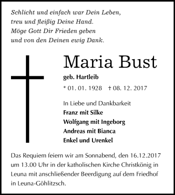 Traueranzeige von Maria Bust von Mitteldeutsche Zeitung Merseburg/Querfurt