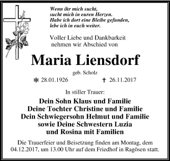 Traueranzeige von Maria Liensdorf von WVG - Wochenspiegel Wittenberg