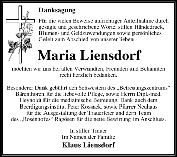 Traueranzeige von Maria Liensdorf von Mitteldeutsche Zeitung