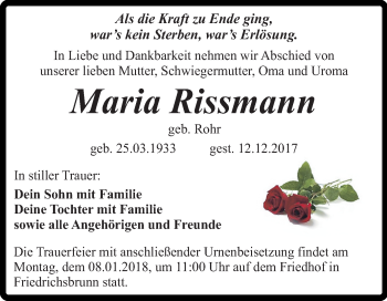 Traueranzeige von Maria Rissmann von Mitteldeutsche Zeitung Quedlinburg
