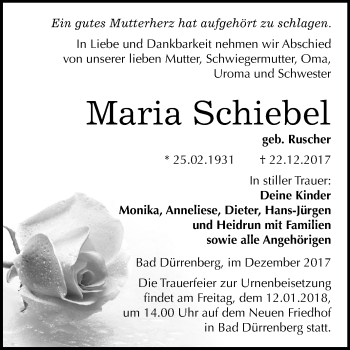 Traueranzeige von Maria Schiebel von Mitteldeutsche Zeitung Merseburg/Querfurt
