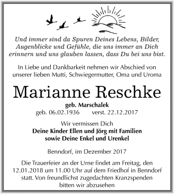 Traueranzeige von Marianne Reschke von Mitteldeutsche Zeitung