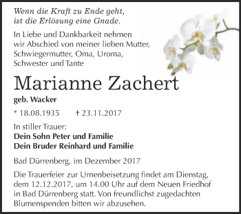 Traueranzeige von Marianne Zachert von Super Sonntag Merseburg