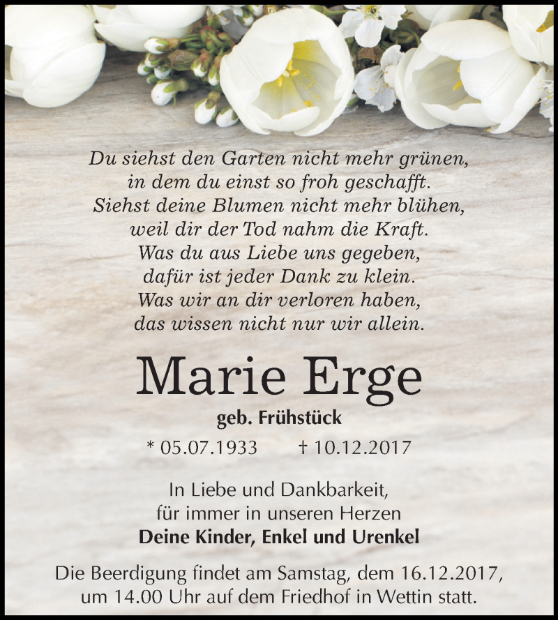  Traueranzeige für Marie Erge vom 13.12.2017 aus Mitteldeutsche Zeitung Halle/Saalkreis