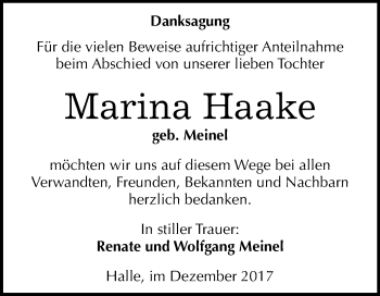Traueranzeige von Marina Haake von Mitteldeutsche Zeitung Halle/Saalkreis