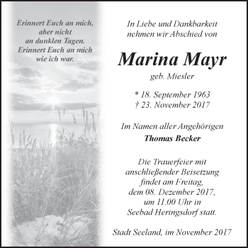 Traueranzeige von Marina Mayr von Super Sonntag Aschersleben