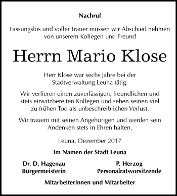 Traueranzeige von Mario Klose von Mitteldeutsche Zeitung