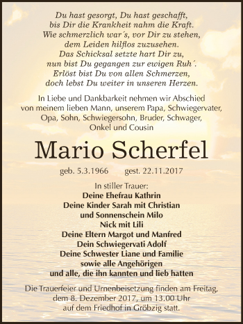 Traueranzeige von Mario Scherfel von WVG - Wochenspiegel Dessau / Köthen