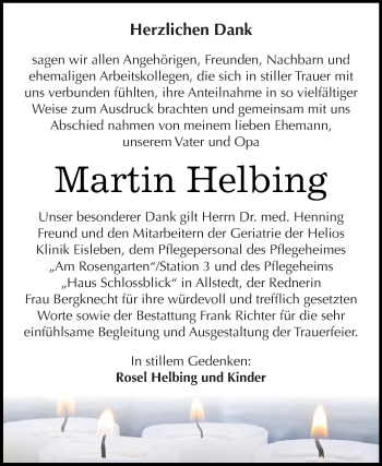 Traueranzeige von Martin Helbing von Super Sonntag SGH Mansf. Land