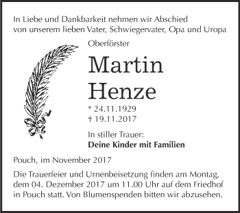 Traueranzeige von Martin Henze von WVG - Wochenspiegel Bitterfeld