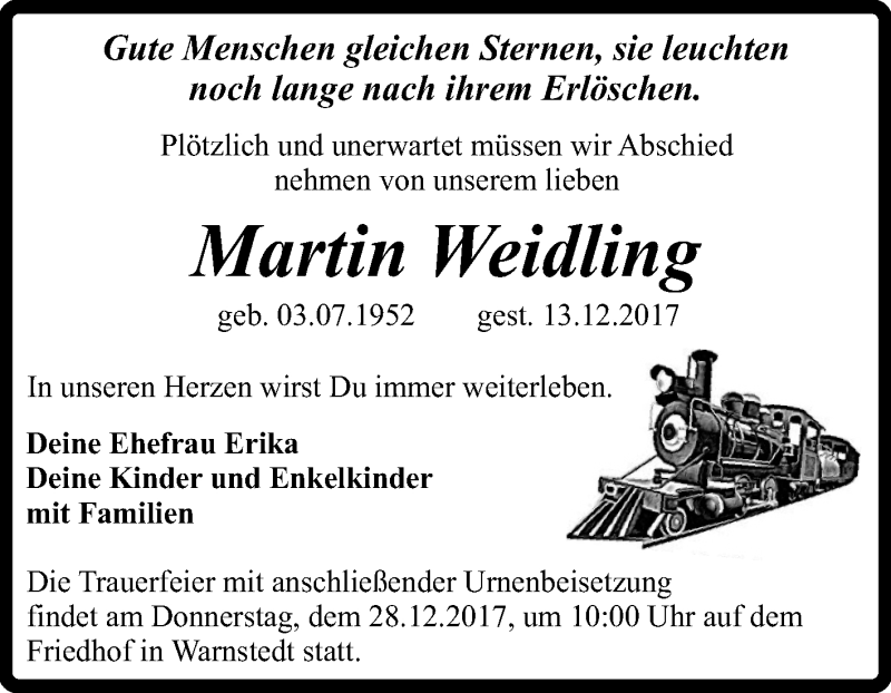  Traueranzeige für Martin Weidling vom 23.12.2017 aus Super Sonntag Quedlinburg