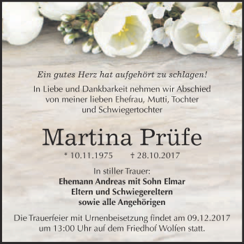 Traueranzeige von Martina Prüfe von WVG - Wochenspiegel Bitterfeld