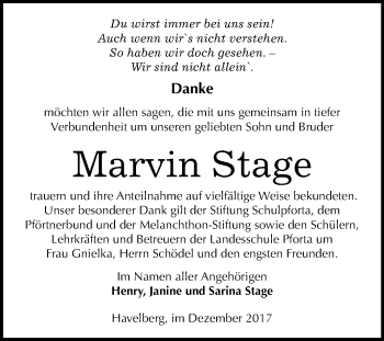 Traueranzeige von Marvin Stage von Mitteldeutsche Zeitung