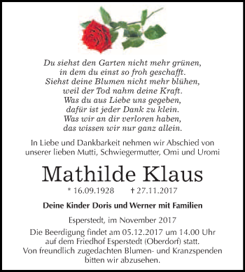 Traueranzeige von Mathilde Klaus von WVG - Wochenspiegel Merseburg